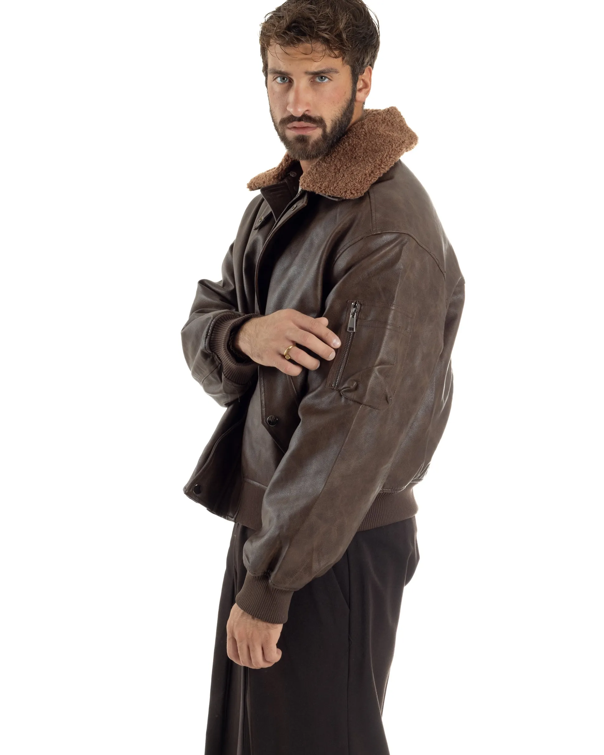 Giubbotto Uomo Ecopelle Bomber Collo Pelliccia Aviatore Oversize Marrone G3343A