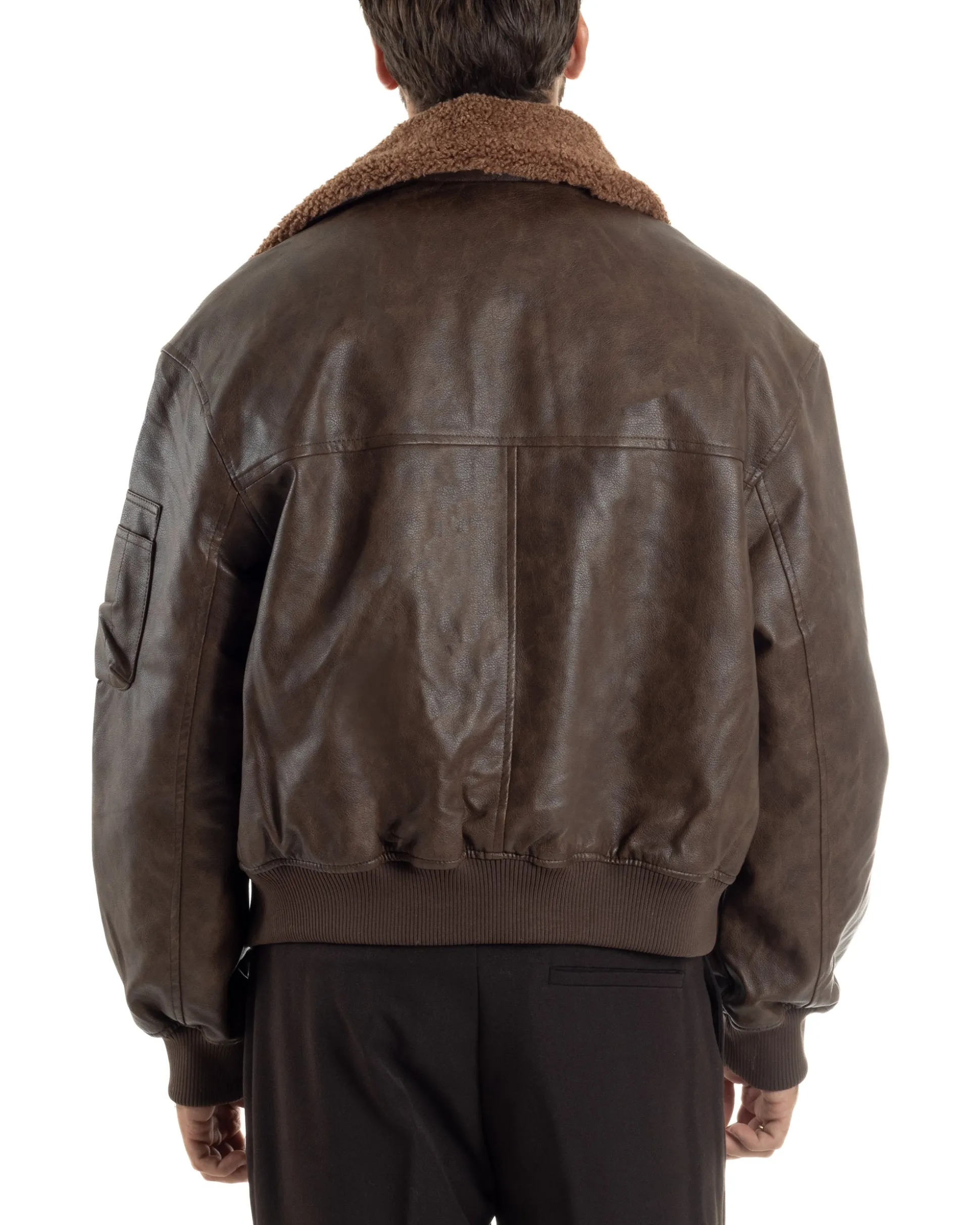 Giubbotto Uomo Ecopelle Bomber Collo Pelliccia Aviatore Oversize Marrone G3343A