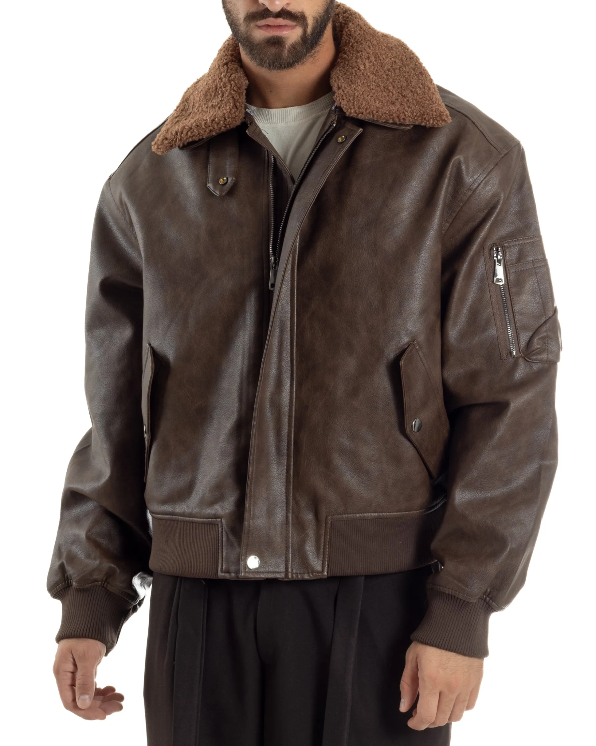 Giubbotto Uomo Ecopelle Bomber Collo Pelliccia Aviatore Oversize Marrone G3343A