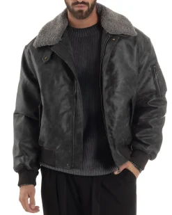 Giubbotto Uomo Ecopelle Bomber Collo Pelliccia Aviatore Oversize Nero G3344A