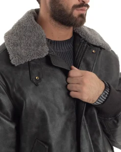 Giubbotto Uomo Ecopelle Bomber Collo Pelliccia Aviatore Oversize Nero G3344A