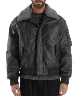 Giubbotto Uomo Ecopelle Bomber Collo Pelliccia Aviatore Oversize Nero G3344A