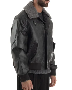 Giubbotto Uomo Ecopelle Bomber Collo Pelliccia Aviatore Oversize Nero G3344A