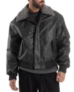 Giubbotto Uomo Ecopelle Bomber Collo Pelliccia Aviatore Oversize Nero G3344A