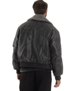 Giubbotto Uomo Ecopelle Bomber Collo Pelliccia Aviatore Oversize Nero G3344A