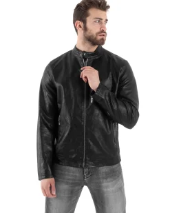 Giubbotto Uomo Ecopelle Con Collo Coreano Tinta Unita Nero Casual GIOSAL-G3157A