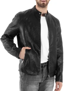 Giubbotto Uomo Ecopelle Con Collo Coreano Tinta Unita Nero Casual GIOSAL-G3157A