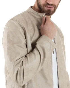 Giubbotto Uomo Ecopelle Con Collo Coreano Tinta Unita Beige Casual GIOSAL-G3156A