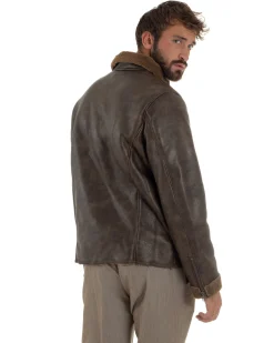 Giubbotto Uomo Ecopelle Montone College Pelliccia Casual Marrone G3360A