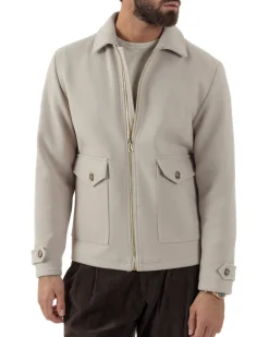 Giubbotto Uomo Giacca Bomber Panno Spigato Zip Colletto Beige BlackSunday G3379A