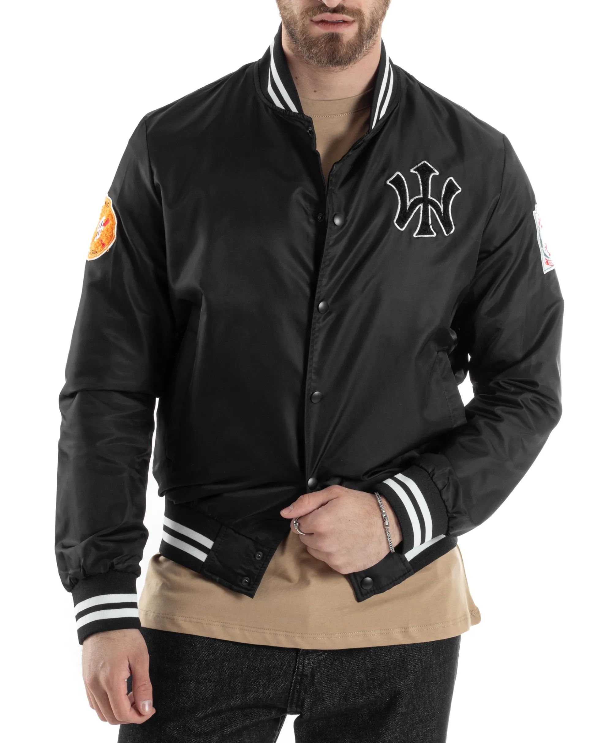 Giubbotto Uomo Giacca College Bomber Con Patch Tessuto Tecnico Nero GIOSAL-G3177A