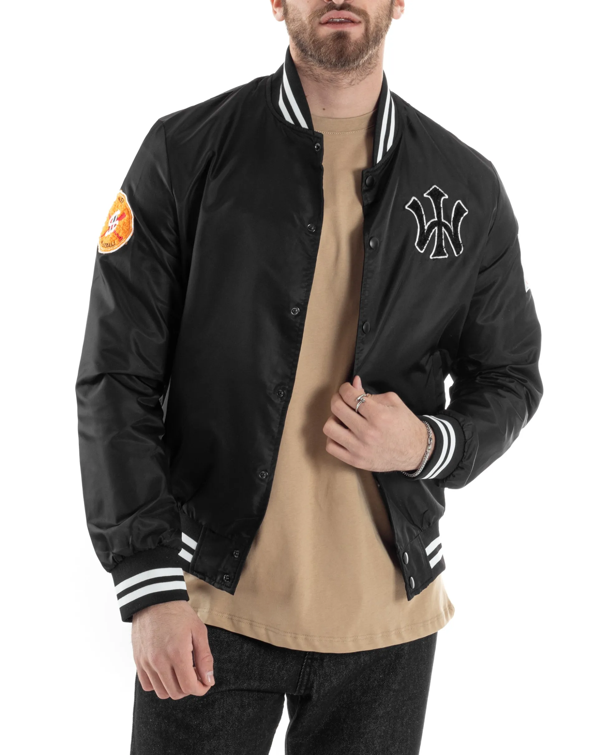 Giubbotto Uomo Giacca College Bomber Con Patch Tessuto Tecnico Nero GIOSAL-G3177A