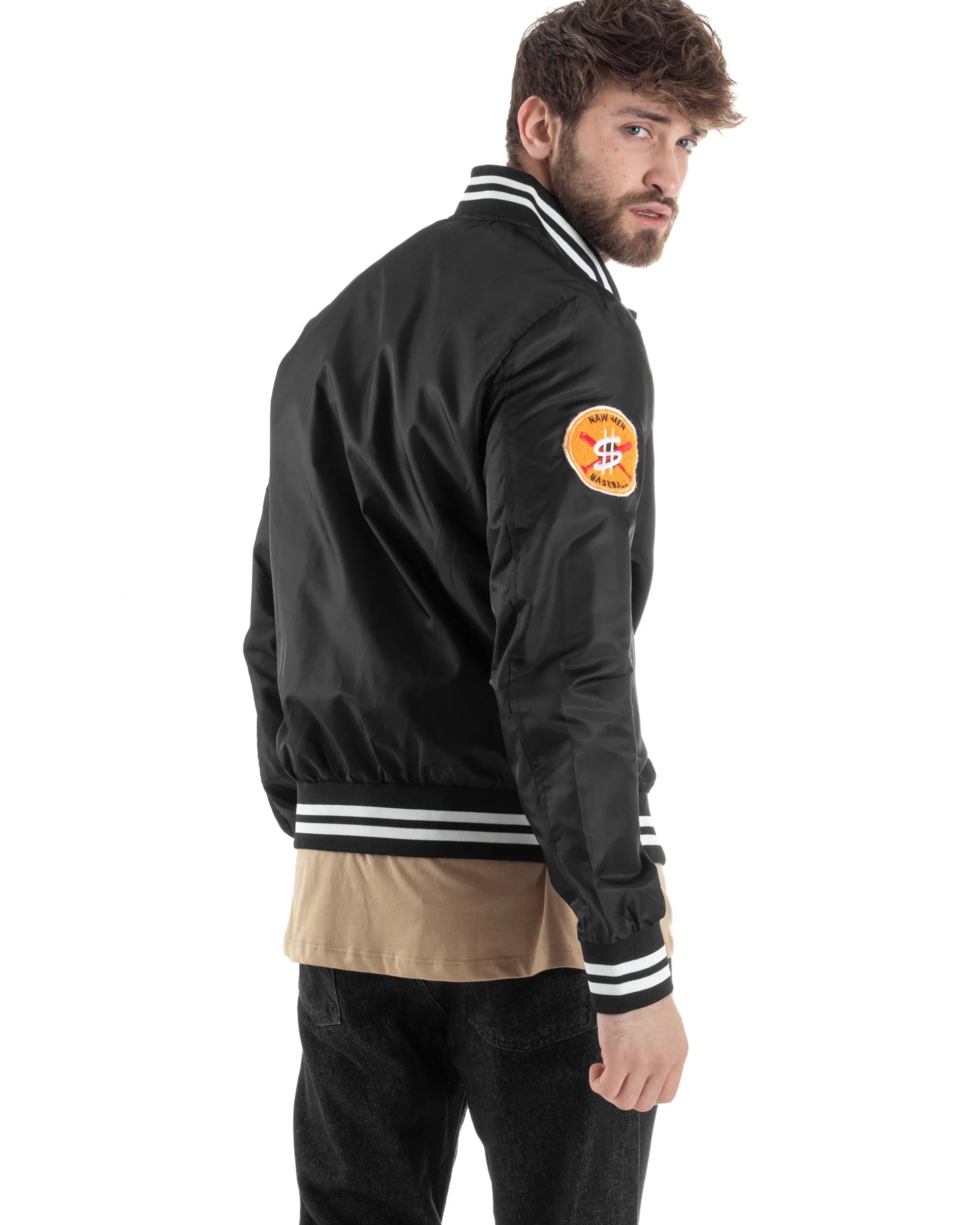Giubbotto Uomo Giacca College Bomber Con Patch Tessuto Tecnico Nero GIOSAL-G3177A
