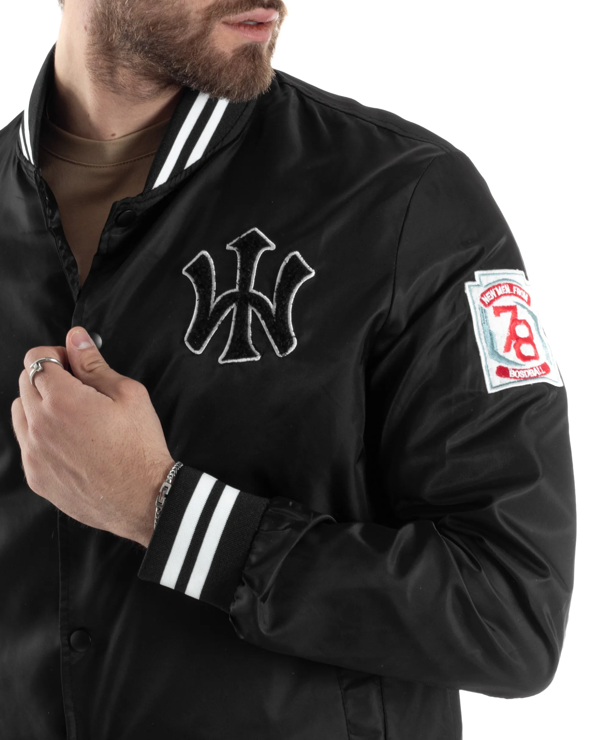 Giubbotto Uomo Giacca College Bomber Con Patch Tessuto Tecnico Nero GIOSAL-G3177A