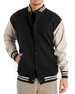 Giubbotto Uomo Giacca College Varsity Ecopelle Bicolore Nero Beige GIOSAL-G2890A