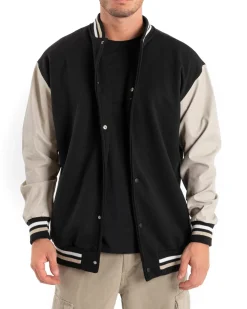 Giubbotto Uomo Giacca College Varsity Ecopelle Bicolore Nero Beige GIOSAL-G2890A