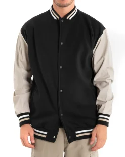 Giubbotto Uomo Giacca College Varsity Ecopelle Bicolore Nero Beige GIOSAL-G2890A