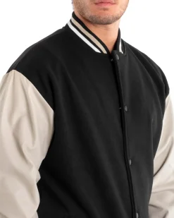 Giubbotto Uomo Giacca College Varsity Ecopelle Bicolore Nero Beige GIOSAL-G2890A