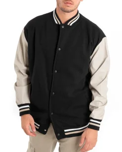 Giubbotto Uomo Giacca College Varsity Ecopelle Bicolore Nero Beige GIOSAL-G2890A