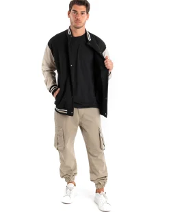 Giubbotto Uomo Giacca College Varsity Ecopelle Bicolore Nero Beige GIOSAL-G2890A