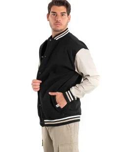 Giubbotto Uomo Giacca College Varsity Ecopelle Bicolore Nero Beige GIOSAL-G2890A
