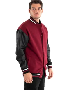 Giubbotto Uomo Giacca College Varsity Ecopelle Bicolore Bordeaux Nero GIOSAL-G2889A