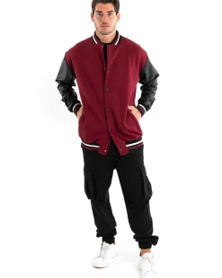 Giubbotto Uomo Giacca College Varsity Ecopelle Bicolore Bordeaux Nero GIOSAL-G2889A