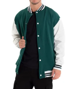 Giubbotto Uomo Giacca College Varsity Ecopelle Bicolore Verde Bianco GIOSAL-G2888A