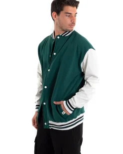 Giubbotto Uomo Giacca College Varsity Ecopelle Bicolore Verde Bianco GIOSAL-G2888A