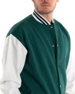 Giubbotto Uomo Giacca College Varsity Ecopelle Bicolore Verde Bianco GIOSAL-G2888A
