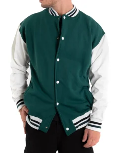 Giubbotto Uomo Giacca College Varsity Ecopelle Bicolore Verde Bianco GIOSAL-G2888A