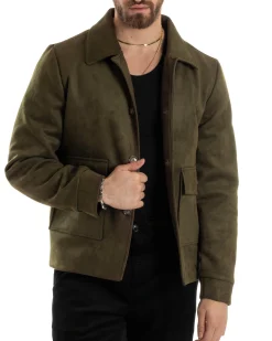 Giubbotto Uomo Giacca Con Colletto Camoscio Con Bottoni Tasche Con Patta Verde Casual GIOSAL-G3154A