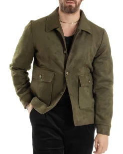 Giubbotto Uomo Giacca Con Colletto Camoscio Con Bottoni Tasche Con Patta Verde Casual GIOSAL-G3154A