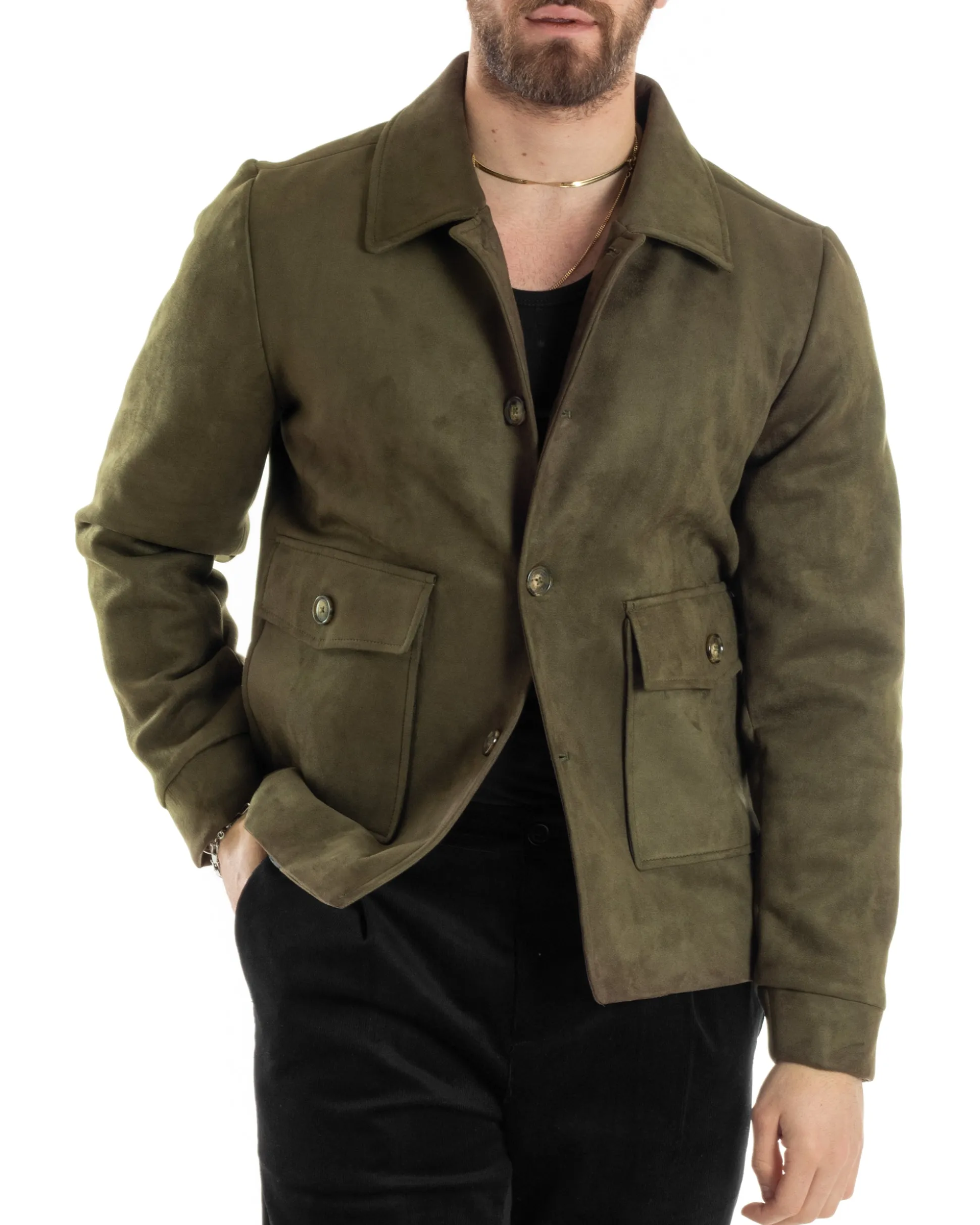 Giubbotto Uomo Giacca Con Colletto Camoscio Con Bottoni Tasche Con Patta Verde Casual GIOSAL-G3154A