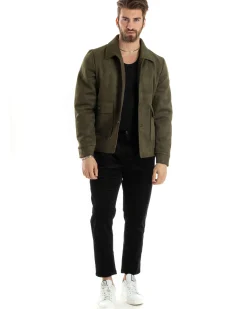 Giubbotto Uomo Giacca Con Colletto Camoscio Con Bottoni Tasche Con Patta Verde Casual GIOSAL-G3154A