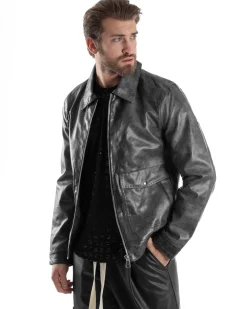 Giubbotto Uomo Giacca Con Colletto Ecopelle Tasche Con Patta Nero Casual GIOSAL-G3190A