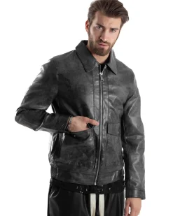 Giubbotto Uomo Giacca Con Colletto Ecopelle Tasche Con Patta Nero Casual GIOSAL-G3190A