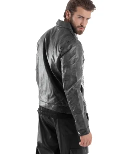 Giubbotto Uomo Giacca Con Colletto Ecopelle Tasche Con Patta Nero Casual GIOSAL-G3190A