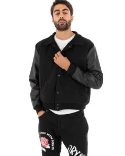 Giubbotto Uomo Giacca In Tessuto Panno Con Colletto Nero Ecopelle GIOSAL-G2746A
