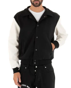 Giubbotto Uomo Giacca In Tessuto Panno Con Colletto Bicolore Nero Panna GIOSAL-G2745A