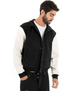 Giubbotto Uomo Giacca In Tessuto Panno Con Colletto Bicolore Nero Panna GIOSAL-G2745A