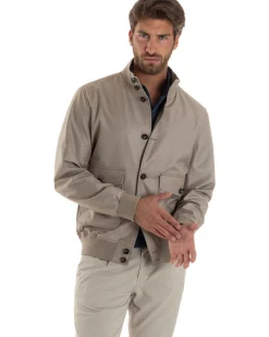 Giubbotto Uomo Giacca Leggera Tessuto Tecnico No Stiro College Impermeabile Con Bottoni Beige G3294A