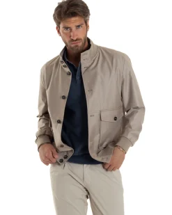 Giubbotto Uomo Giacca Leggera Tessuto Tecnico No Stiro College Impermeabile Con Bottoni Beige G3294A
