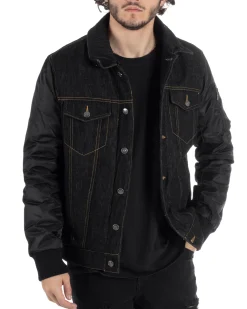 Giubbotto Uomo Jeans Denim Nero Lucido Bomber Con Colletto Pelliccia GIOSAL-G3116A