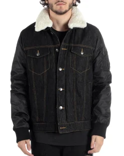 Giubbotto Uomo Jeans Denim Nero Lucido Bomber Con Colletto Pelliccia GIOSAL-G3116A
