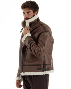 Giubbotto Uomo Montone Ecopelle Giacca College Pelliccia Marrone G3357A
