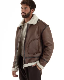 Giubbotto Uomo Montone Ecopelle Giacca College Pelliccia Marrone G3357A