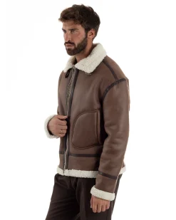 Giubbotto Uomo Montone Ecopelle Giacca College Pelliccia Marrone G3357A