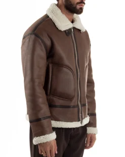 Giubbotto Uomo Montone Ecopelle Giacca College Pelliccia Marrone G3357A