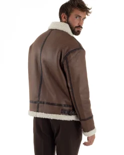 Giubbotto Uomo Montone Ecopelle Giacca College Pelliccia Marrone G3357A